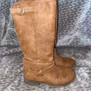 Tall brown “leather” boots with zipper and buckles